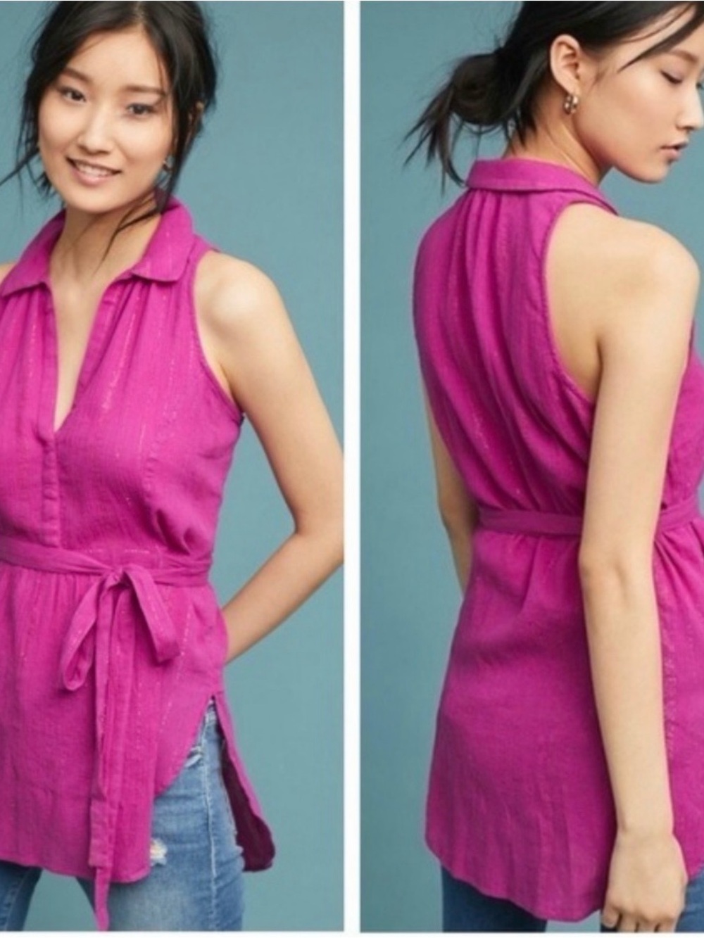 Maeve Bright Fuchsia Sleeveless Tunic with Tie Waist